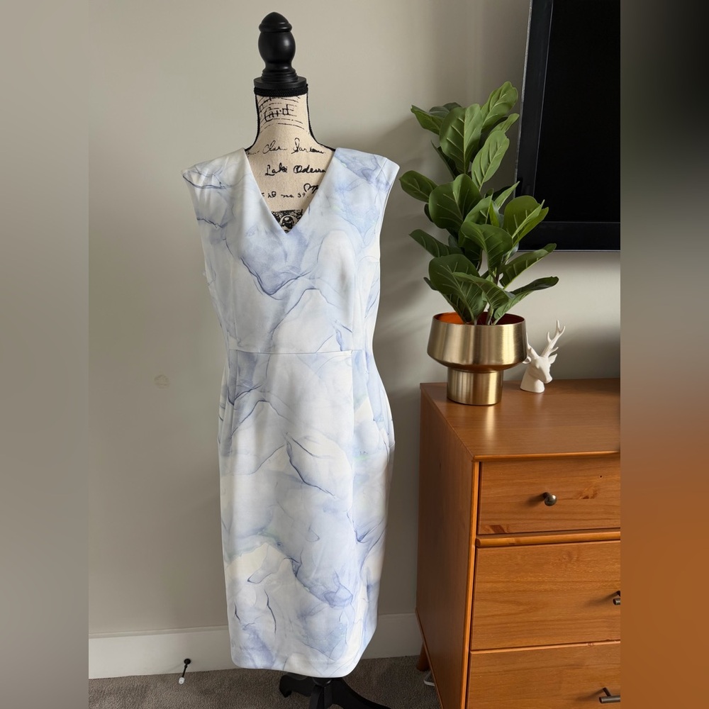 Calvin Klein V-Neck Marble Print Sheath Dress in Light Blue